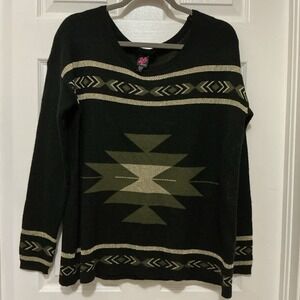 2B Bebe Women Sweater Aztec Print Gold Metallic/Green Black Xl New No Tags